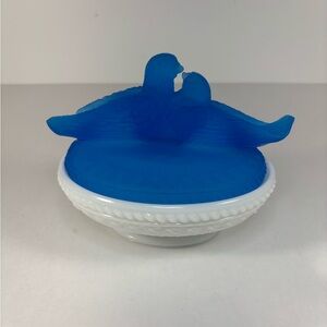 Blue and White Glass Trinket Dish with Bird on The Nest
